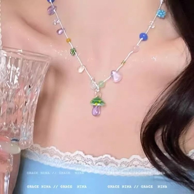 快乐色彩!多巴胺蘑菇吊坠项链女2025新款小众锁骨链春夏配饰甜妹