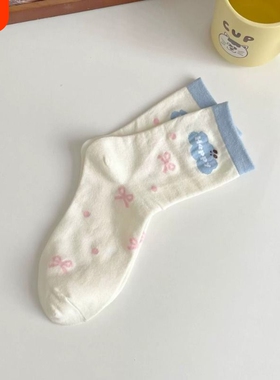 6双装可爱袜子女纯棉春夏中筒白色棉袜卡通小狗条纹蝴蝶结女袜
