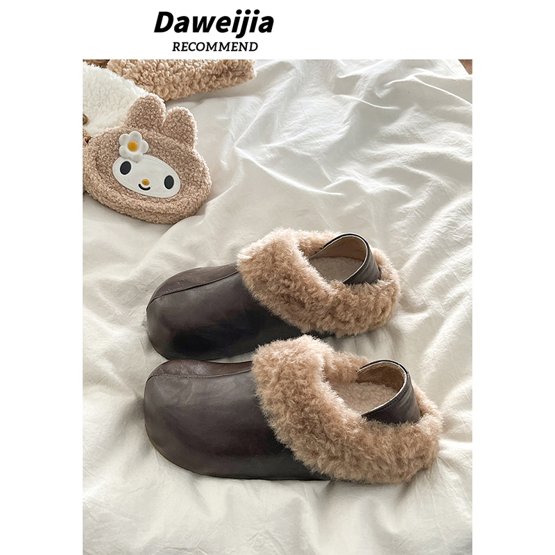 复古棕色可踩跟皮面勃肯鞋女2025秋冬季新款内增高加绒毛毛棉拖鞋