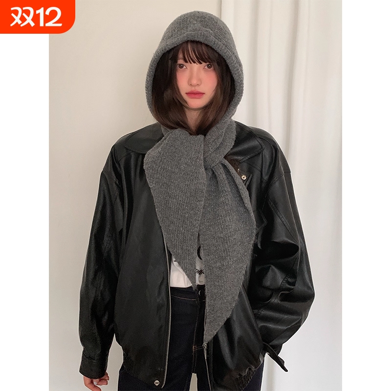 灰色韩系巴拉克拉法连帽子围巾一体女冬季保暖针织护耳毛线帽防风