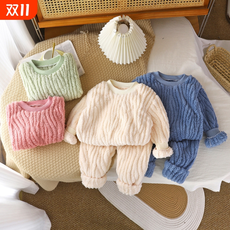 儿童秋冬季法兰绒睡衣套装男童女童加绒加厚家居服保暖童装AA79