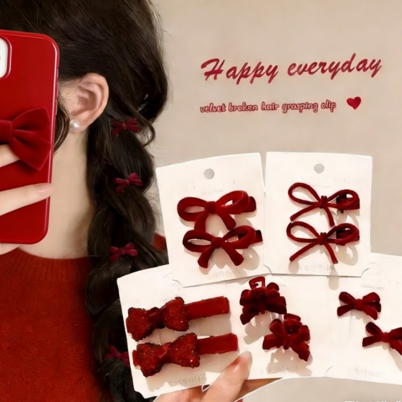 秋冬丝绒蝴蝶结发夹女高级感侧边刘海夹碎发夹子气质红色新年头饰