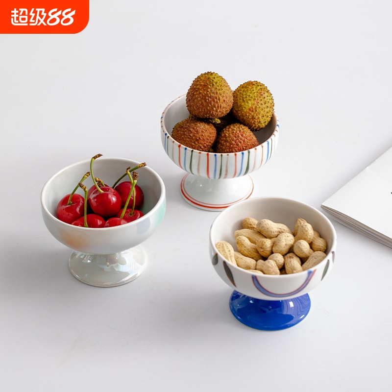 日式现代多彩糕点盘高足小号精致茶点盘高脚沙拉点心盘家用干果碟