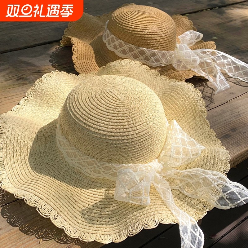 蝴蝶结蕾丝草帽女夏天海边沙滩大帽檐度假风防晒遮阳草编太阳帽子