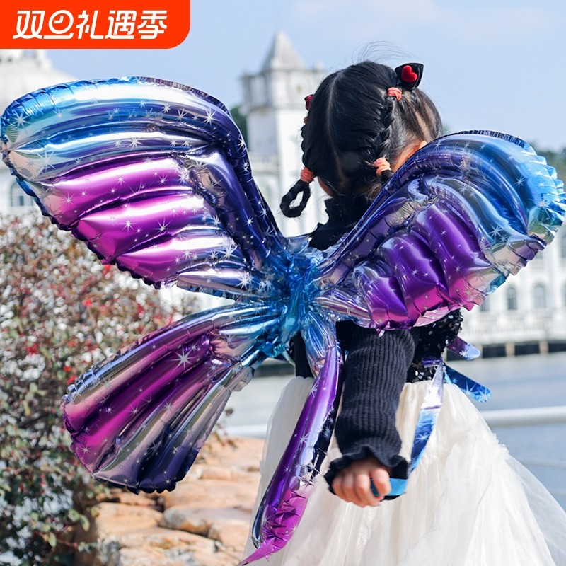 发光天使气球充气儿童派对网红生日装饰户外拍照道具翅膀铝膜金色