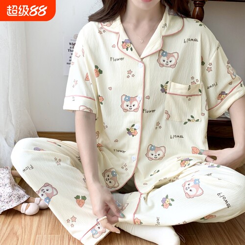 夏季弹力绉布薄款大码开衫睡衣