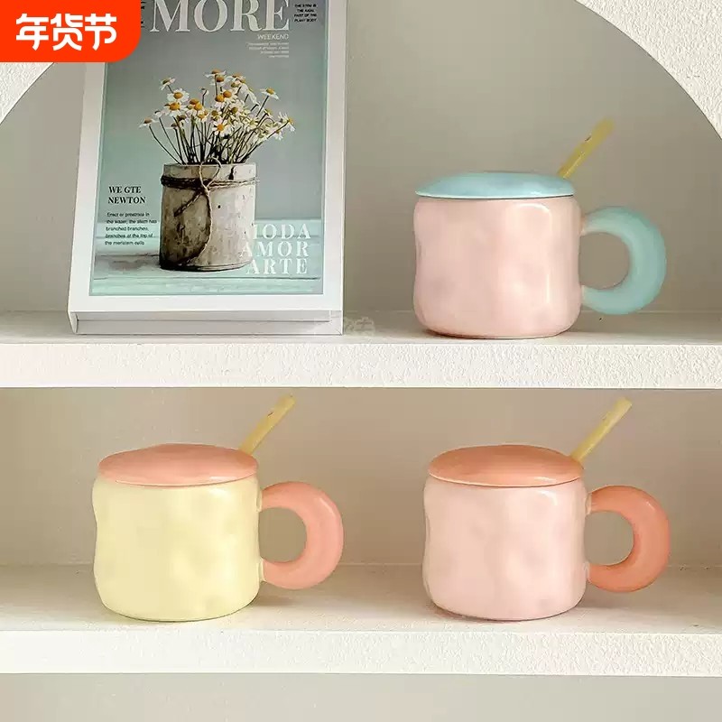 高颜值马克杯奶fufu带盖可爱女生办公室咖啡杯水杯撞色情侣家用勺