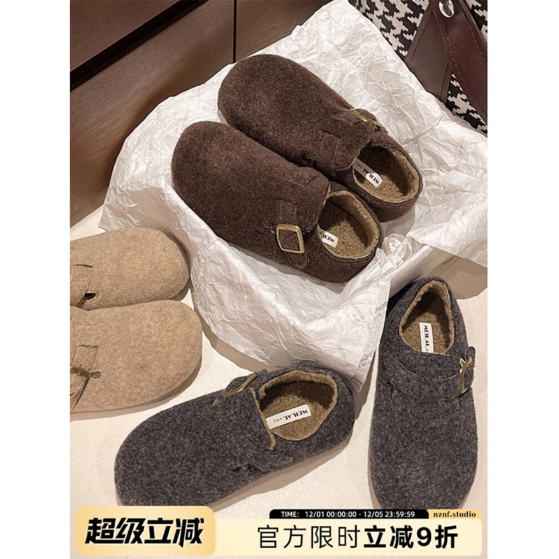 复古棕色厚底全包毛呢勃肯鞋女2025新款秋季配裙子内增高加绒棉鞋