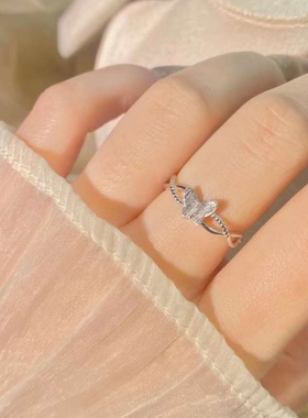s925纯银双线交叉螺旋蝴蝶戒指女小众简约学生甜美开口拉丝指环