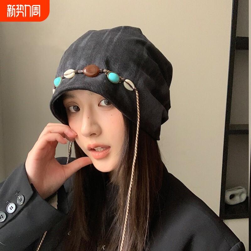 复古民族风堆堆帽子女薄款扎染流苏蝴蝶装饰包头帽大头围冷帽秋冬