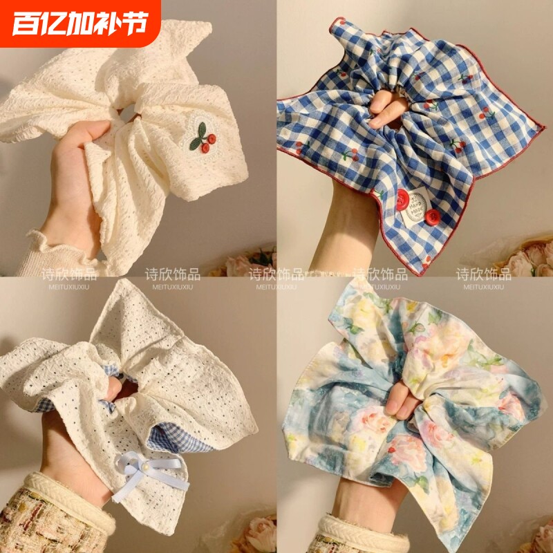 韩系蓝色格子方巾大肠发圈女方形头绳高级感慵懒风扎头发大号发饰