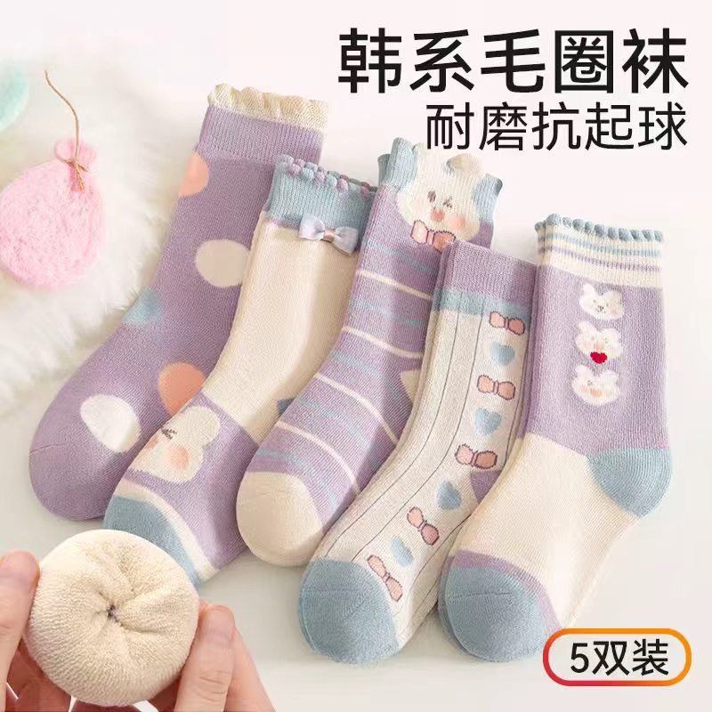 女童袜子秋冬款加厚加绒儿童毛圈袜纯棉宝宝棉袜冬季保暖童袜中筒