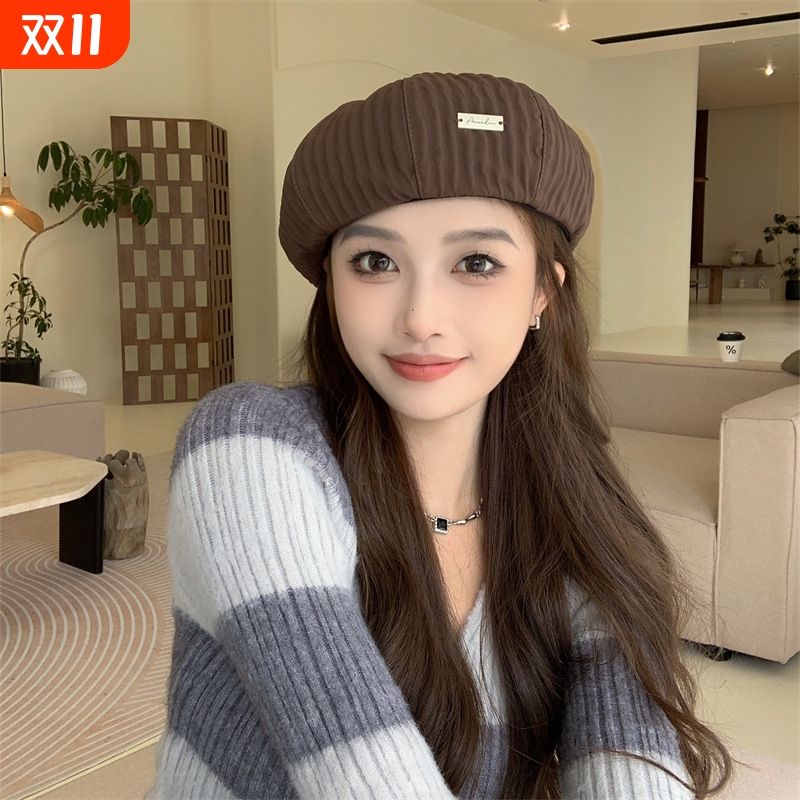 日系褶皱亮色画家帽女春秋韩版休