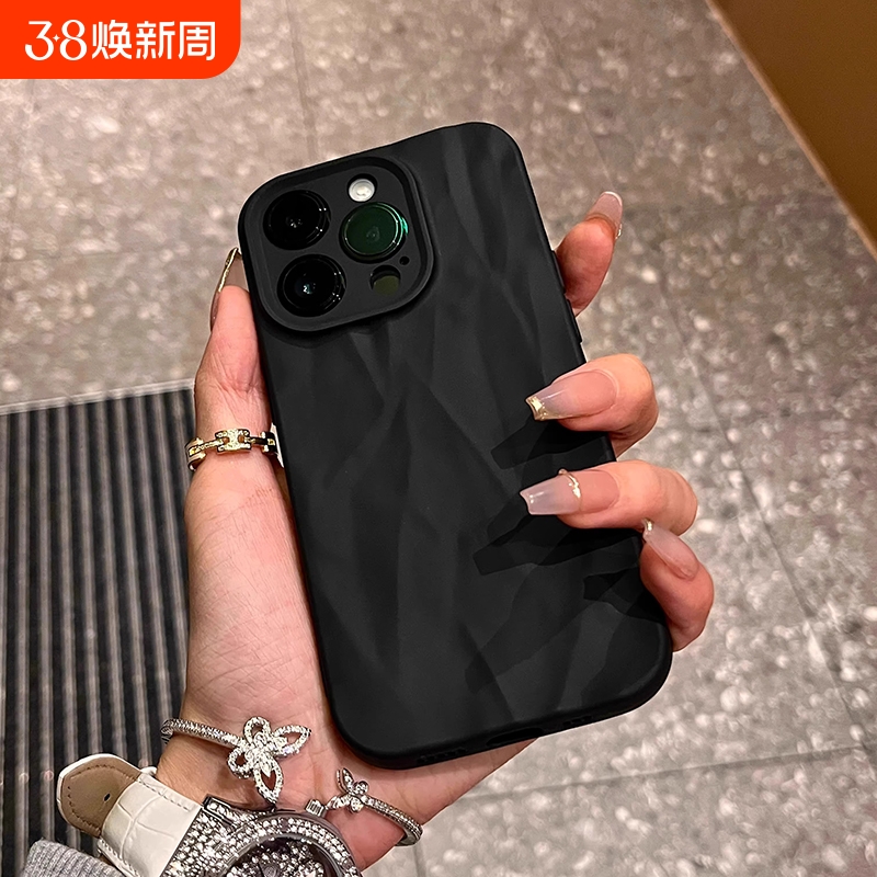 炫酷黑色褶皱适用苹果15promax手机壳iphone14新款13硅胶11女款12pro软壳max个性16pm防摔xs/xr手机套8plus潮