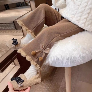 女童毛球蝴蝶结阔腿裤秋冬季新款韩版花边加绒加厚直筒裤子a157