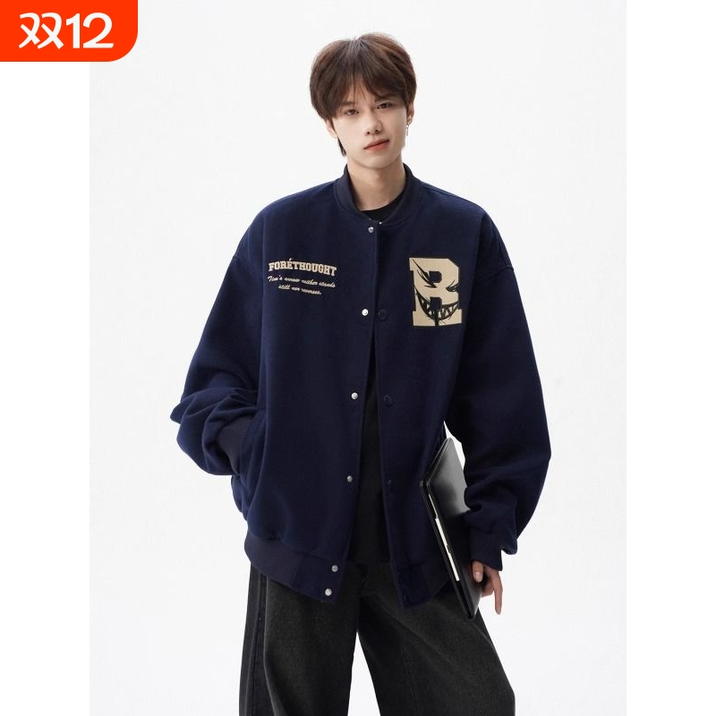潮牌棒球服男女春季美式字母印花外套高街运动情侣夹克黑色藏青色