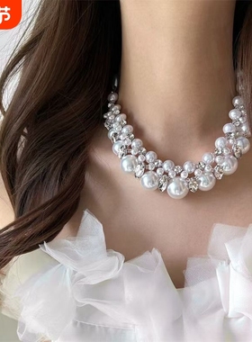 重工轻奢风不规则串珠闪钻choker项链小众时尚大气锁骨毛衣链法式