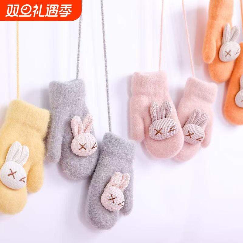 宝宝手套儿童女童可爱防风包套冬季加厚防寒保暖全包连指男童红色