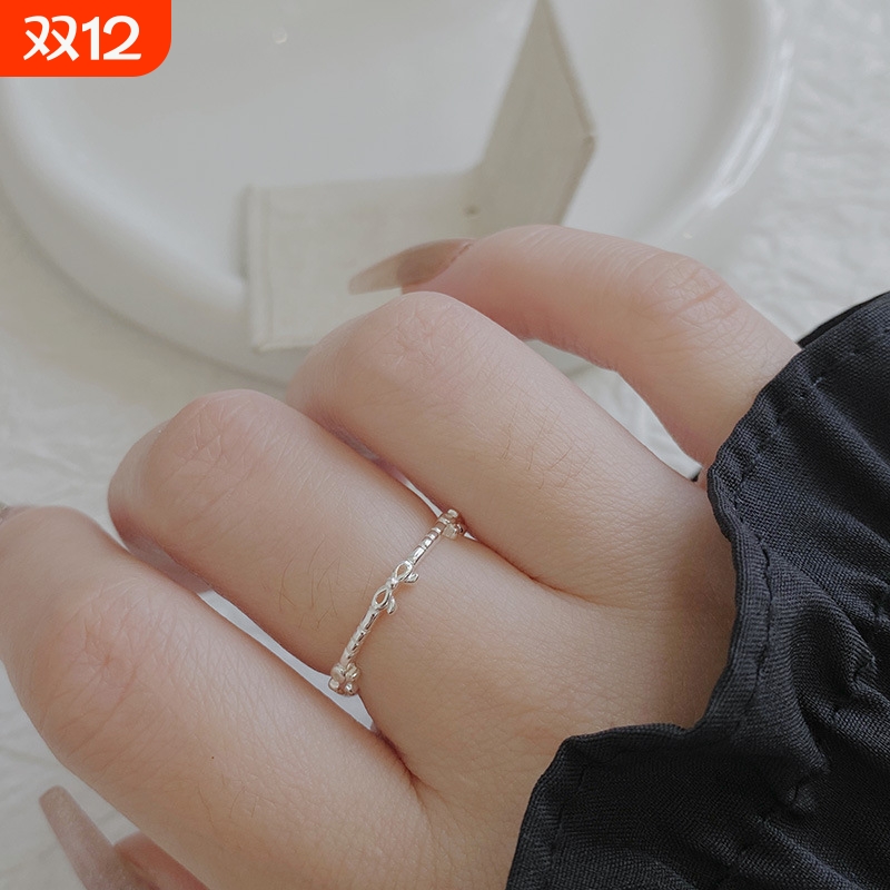 s925纯银小蝴蝶结戒指女细款素银韩国韩版简约甜美小巧学生指环