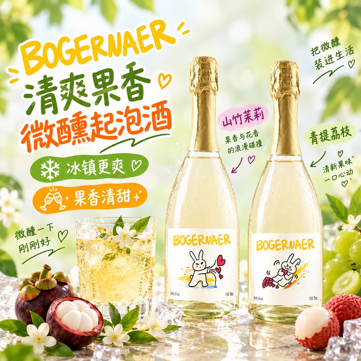 莫斯卡托甜酒起泡酒气泡酒微醺果酒晚安酒葡萄酒茉莉荔枝爱心红酒