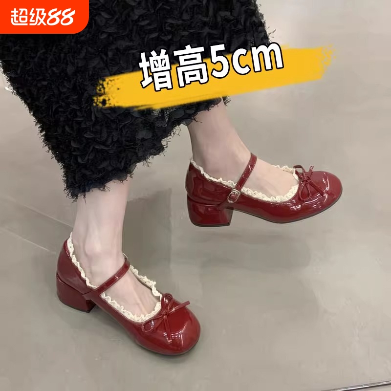 法式粗跟蕾丝边红色玛丽珍jk小皮鞋女2025新款夏季高跟配裙子单鞋
