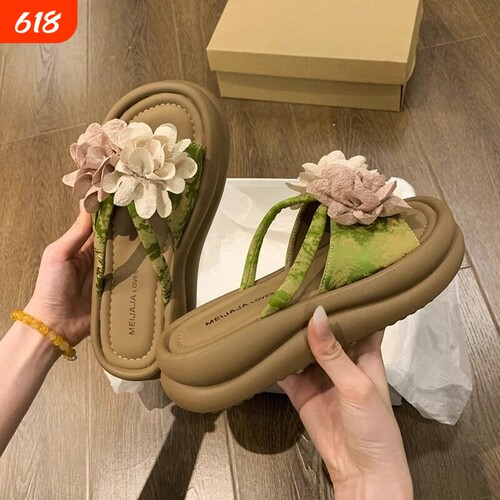 复古花朵一字拖凉拖鞋女夏外穿2026新款厚底海边度假凉鞋白色绿色