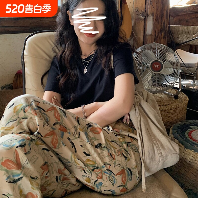 睡裤女款夏季人造棉绵绸薄款绸可外穿家居碎花长裤子直筒大码格子