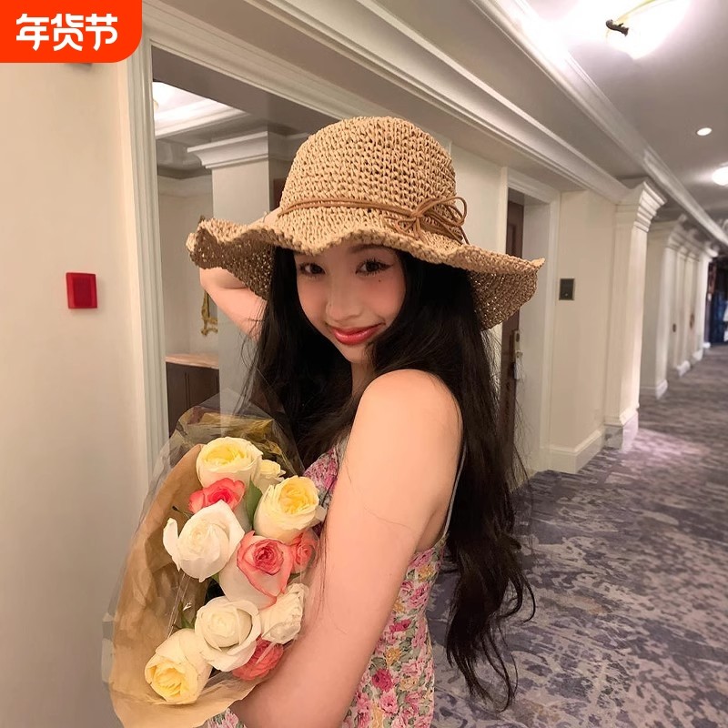 编织草帽女度假风沙滩渔夫帽海边防晒遮阳帽大帽檐户外法式蝴蝶结