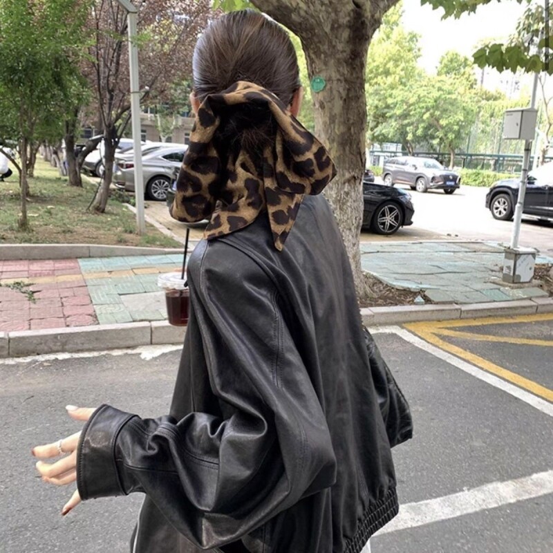 港风布艺方形豹纹褶皱发圈复古高马尾头绳时尚气质高级感发绳发饰