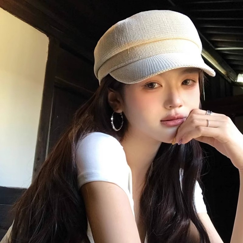 法式高级感亚麻编织纯色贝雷帽女春秋薄款透气八角帽显脸小报童帽