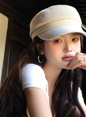 法式高级感亚麻编织纯色贝雷帽女春秋薄款透气八角帽显脸小报童帽