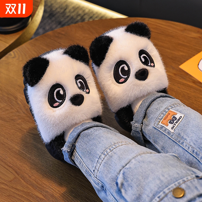 冬季儿童棉拖鞋男女童亲子防滑室内宝宝熊猫拖鞋包跟棉鞋卡通动物