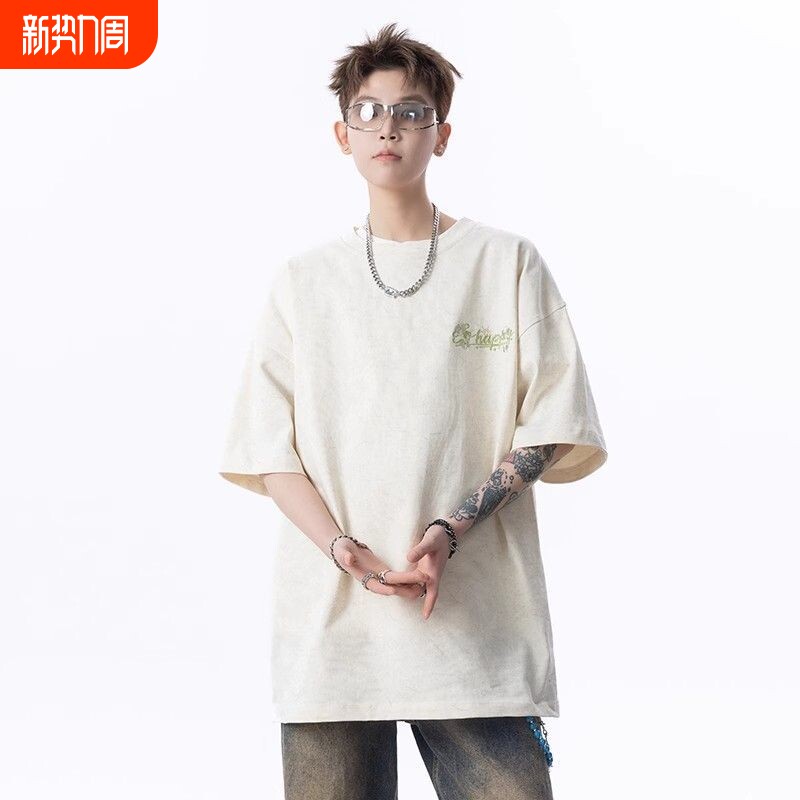 美式重磅砂洗刺绣短袖t恤男春夏季高街复古扎染宽松半袖体恤上衣