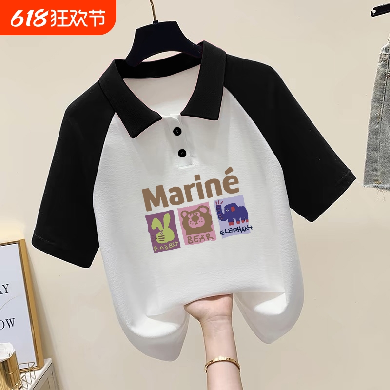 夏装新款女童中大童洋气宽松插肩袖纯棉翻领POLO衫短袖T恤上衣潮