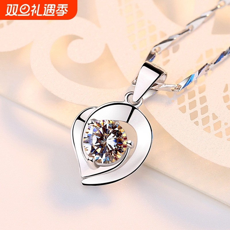足银S999心形锆石吊坠女式时尚简约风爱心项饰镶锆石爱心饰品批发