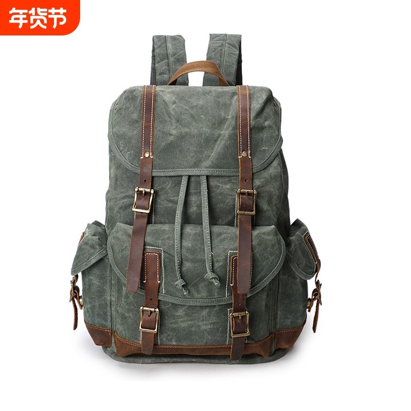 帆布双肩包疯马皮男包油蜡帆布包男士双肩包复古防水旅行户外背包