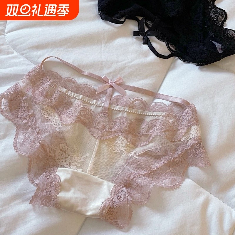 性感蕾丝纯欲风内裤女高级缎面镂空包臀低腰花边蝴蝶结三角裤抑菌