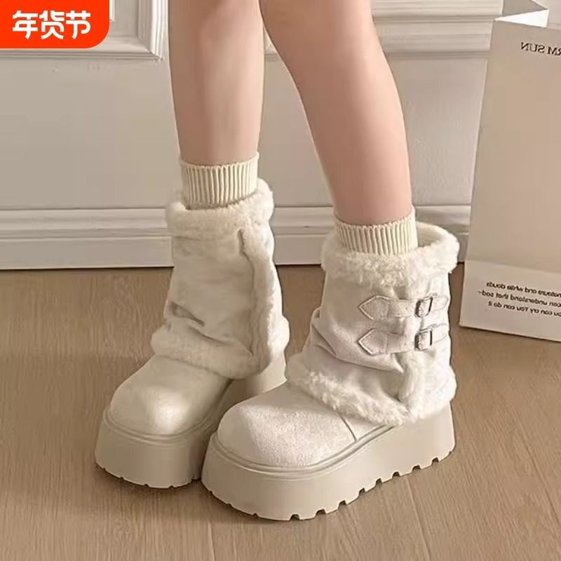 的厚底增高雪地靴女加绒保暖短筒靴2025秋冬新款棉靴子白色防水