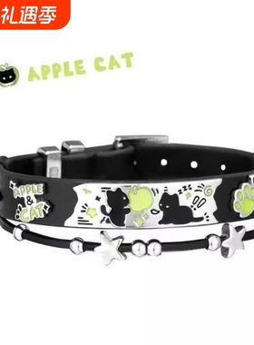 敲可爱!黑猫青苹果手链新款小众设计甜酷皮革手环手镯卡通设计感