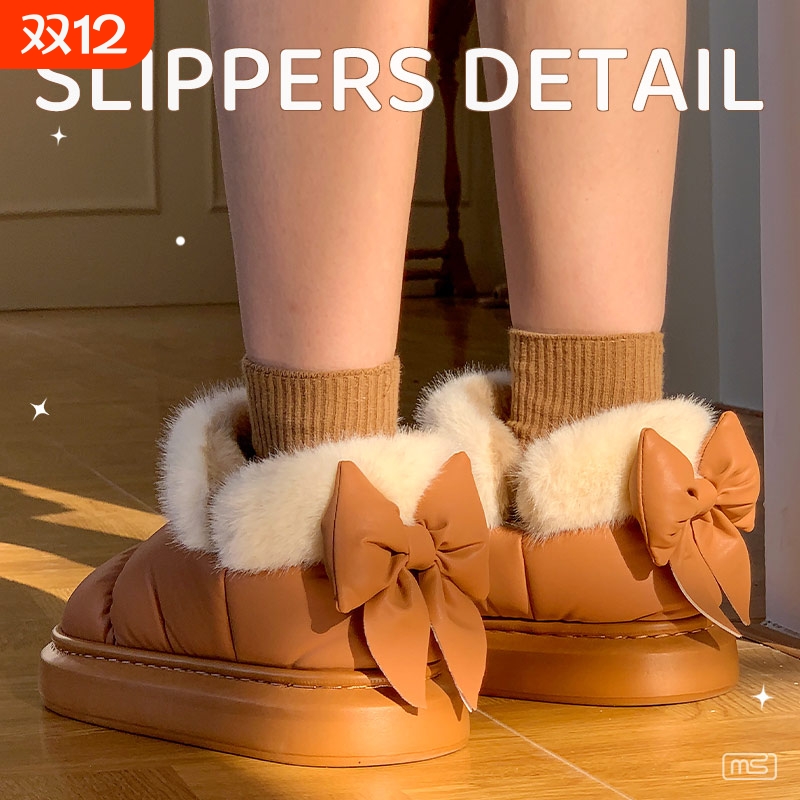 冬季新款女鞋厚底棉鞋雪地靴加绒保暖透气棉拖白色休闲毛绒黑色