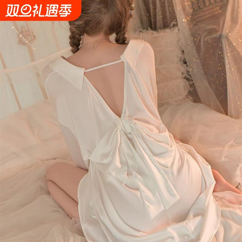 性感睡衣女秋冬2024新款高级感纯欲男友风冰丝长袖白衬衫家居睡裙