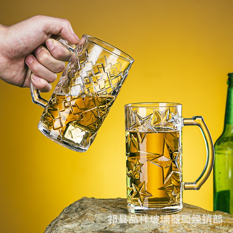 大容量加厚啤酒杯玻璃杯透明把杯家用茶杯果汁杯五角星水杯扎啤杯