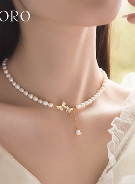 蝴蝶珍珠项链女款纯银锁骨链