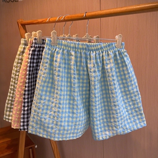 遛弯神裤格子睡裤女夏薄款居家懒人裤直筒休闲阔腿裤外穿居家短裤