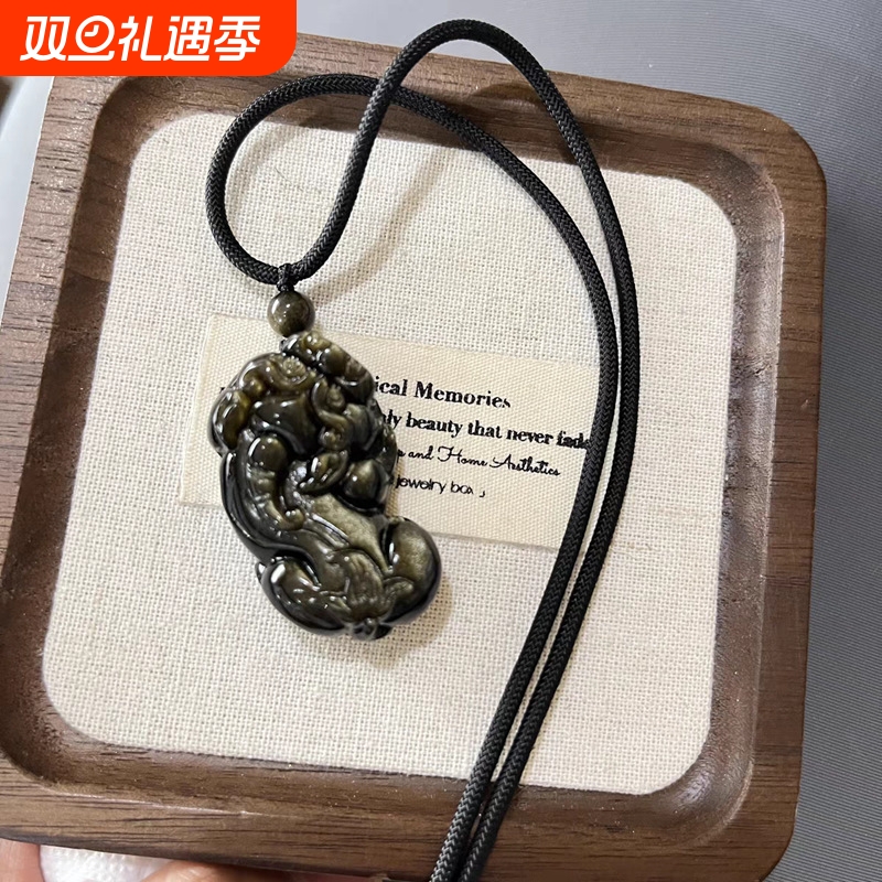 天然黑曜石金耀石霸王招财貔貅吊坠紫气东来原创小众高奢项链