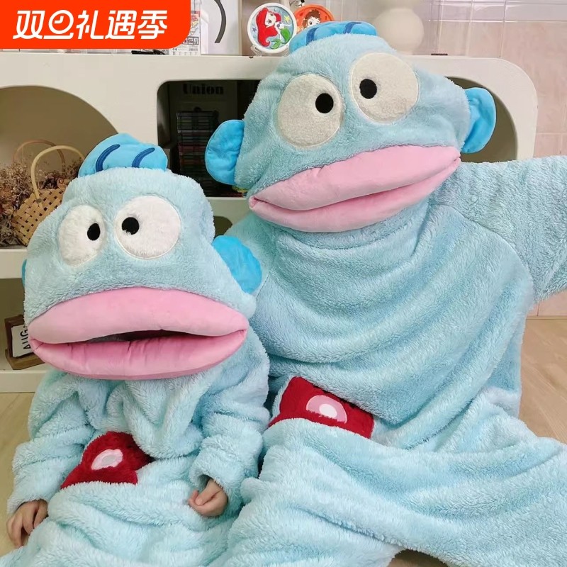 小丑鱼儿童连体睡衣秋冬季珊瑚绒搞怪连帽睡袍加厚保暖亲子一家子