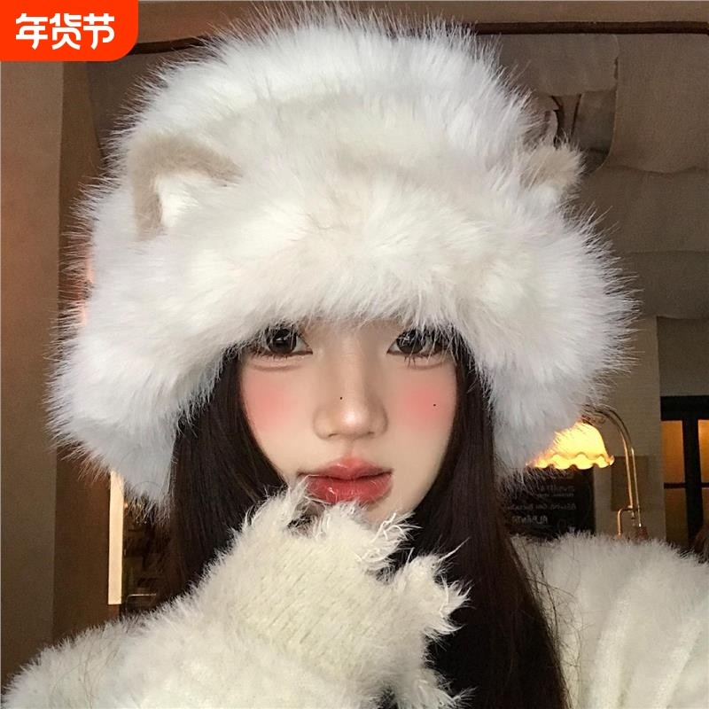 可爱猫咪耳朵毛绒渔夫帽女2025新款冬防寒保暖针织帽子大头围盆帽,服饰配件/皮带/帽子/围巾,帽子,淘宝优惠券,粉丝福利购,淘宝优惠卷