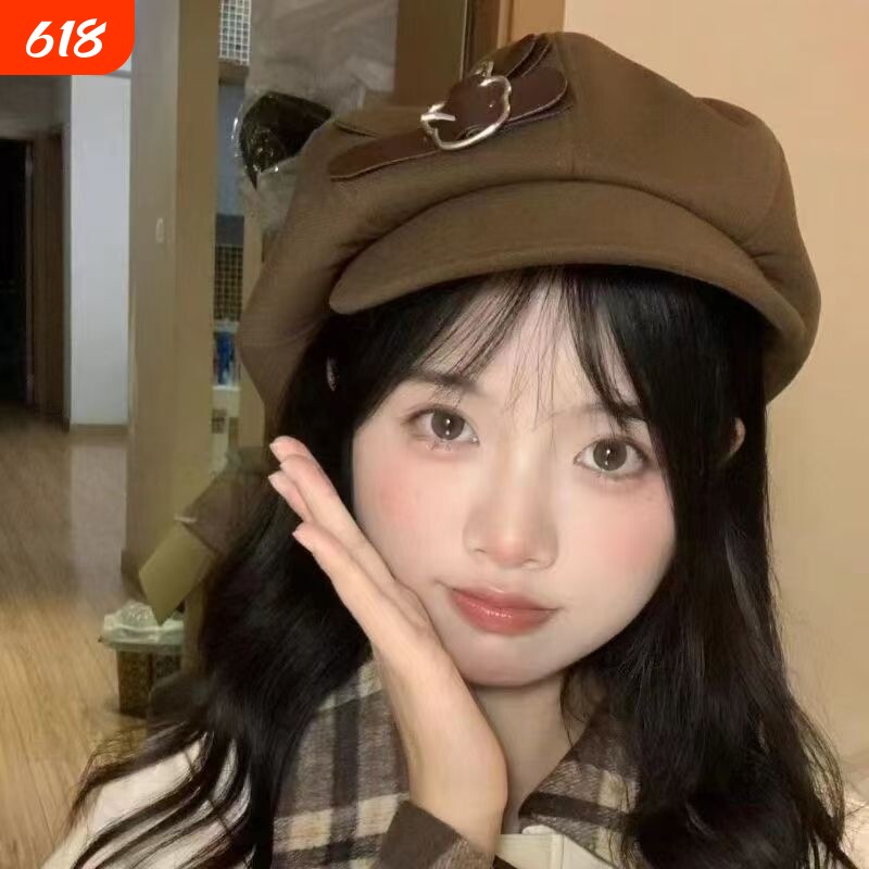 复古百搭云朵贝雷帽日系秋冬纽扣报童帽女生显脸小大头围帽子八角