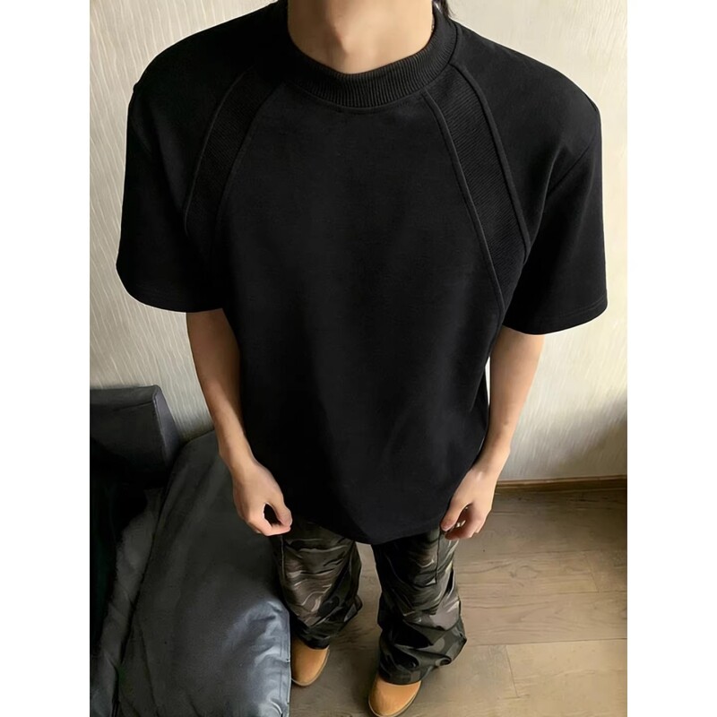美式黑色正肩t恤男款夏季重磅拼接曼巴棉短袖cleanfit内搭半
