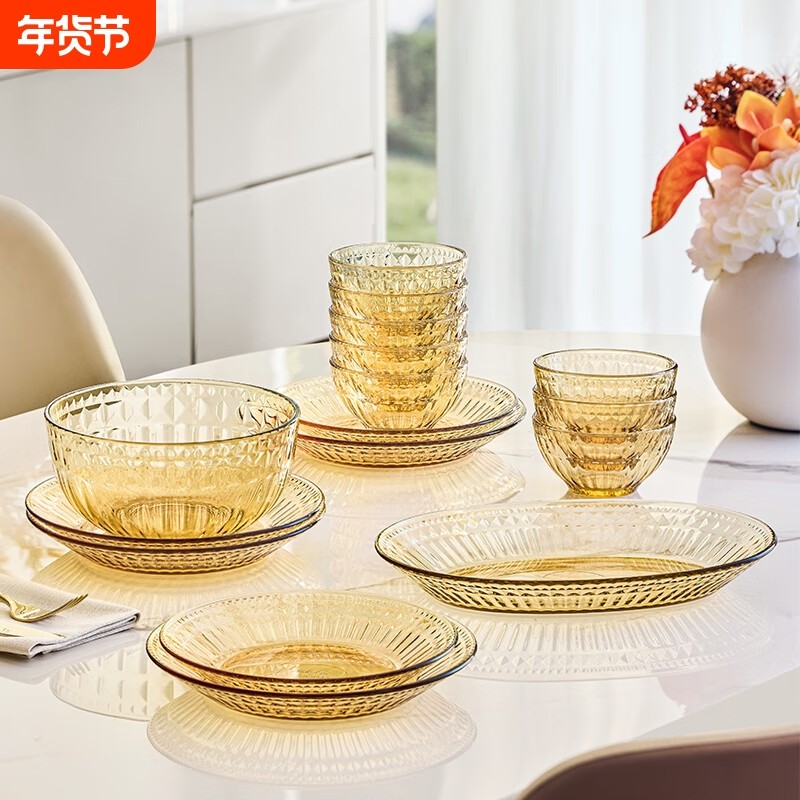 康宁晶灵系列餐具套装玻璃饭碗蝶盘子耐高温轻奢家用组合装,餐饮具,碗,淘宝优惠券,粉丝福利购,淘宝优惠卷